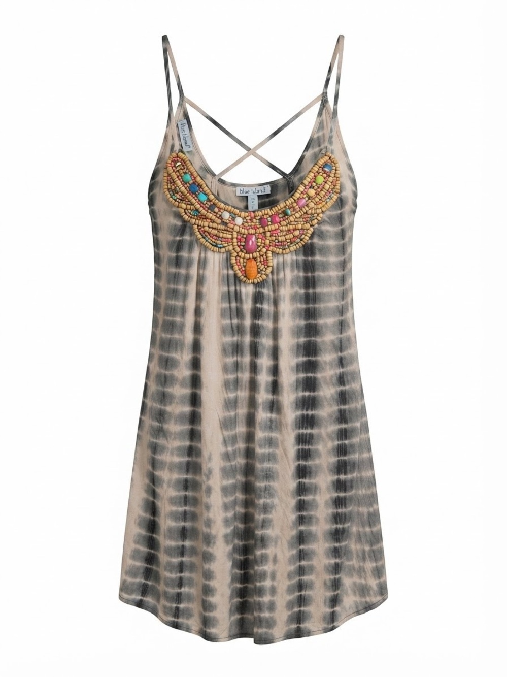 Artisian Beaded Blue Island Boho Tie Dye avant garde neckline Cami Tunic Dress M